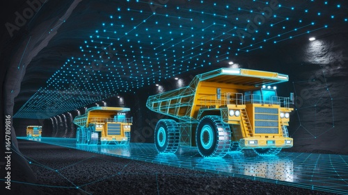 Digital illustration of autonomous mining trucks in a futuristic underground tunnel, showcasing technology and innovation in mining operations.