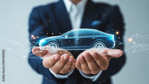 A businessman holds a holographic car model in his hands, symbolizing innovation and technology in the automotive industry.