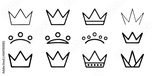 Collection of handdrawn crown icons isolated on white background a versatile set of royal symbols for design projects, perfect for adding a touch of elegance, authority, and prestige