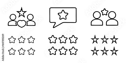 Collection of black and white line art icons depicting customer feedback, ratings, and reviews, isolated on white background the icons feature stars, people, speech bubbles, and hearts