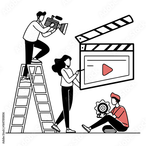 Film crew working on movie production isolated on white background