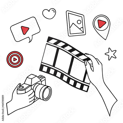 Filmmaker holding film strip with camera and icons isolated on white background