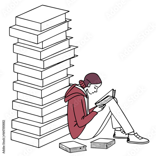 Girl reading a book next to a stack of books isolated on white background
