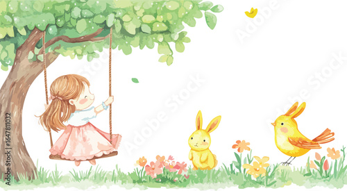 Young girl with long brown hair enjoys a swing under a large green tree with bunnies and a bird
