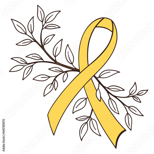 Gold ribbon with leaves isolated on white background for childhood cancer awareness