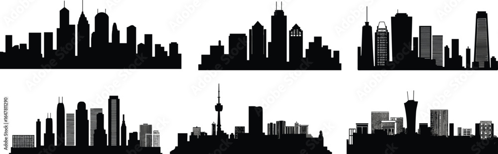 Naklejka premium City skyline silhouette collection, urban building outlines, skyscraper cityscape shapes, modern architecture vector design, metropolitan horizon view, black urban landscape illustration