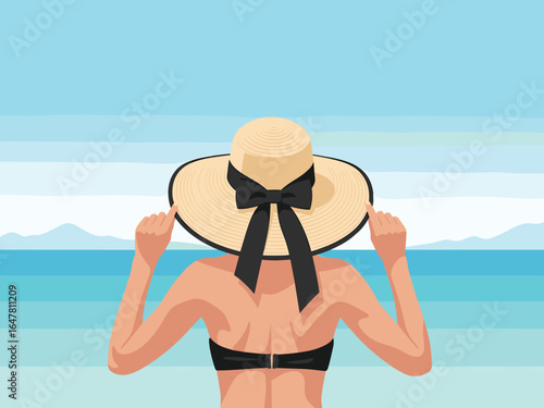 Vector illustration of a woman in a straw hat and bikini from behind, enjoying the serene blue ocean view on a summer beach vacation. Perfect for travel concepts