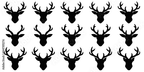 Set of deer head silhouettes isolated on white background a collection of antlered animal icons for wildlife enthusiasts, hunters, and christmas decor, perfect for graphic design projects