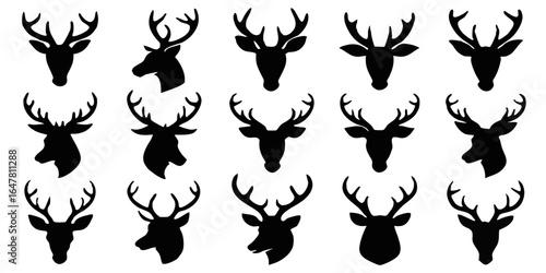 Deer head silhouettes isolated on white background a versatile collection of antlered animal icons for wildlife enthusiasts, hunters, and christmas decor, ideal for graphic design
