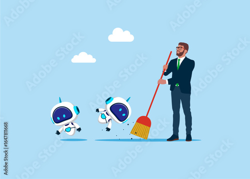 Businessman sweeping robots with artificial intelligence being swept by a broom. Downsizing employee reduction. Losing job, unemployment, finance crisis. Frustrated robots user. Vector illustration