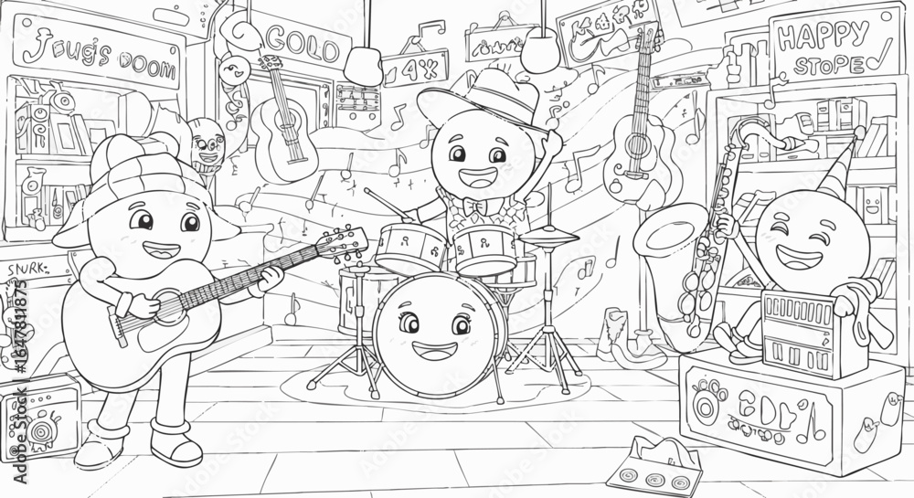 Obraz premium Kids coloring page of a happy cartoon music band playing instruments. A fun black and white line art illustration of musicians in a store.