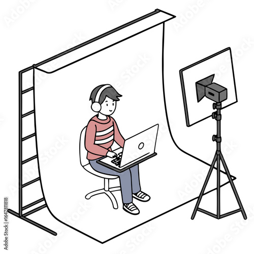 Man is working on laptop in a studio setup for video call isolated on white background