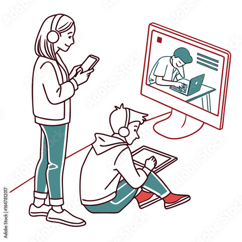 Online learning with student watching video on tablet and computer screen