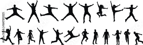 Group of people jumping silhouette, happy friends in motion, celebration dance poses, energetic crowd vector illustration, joyful human silhouettes, party movement conce