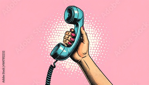 Vintage Telephone Hand Pop Art Illustration on Pink Background with Halftone Pattern