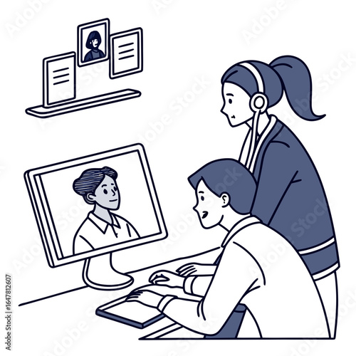 Two colleagues are having an online meeting isolated on white background