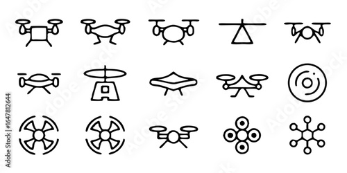 Collection of drone icons isolated on white background a comprehensive set of aerial vehicle symbols for modern technology, remote control, and innovative applications in various fields