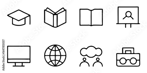 Minimalist education icons isolated on white background for online learning, academic studies, and knowledge sharing, perfect for school projects and educational presentations