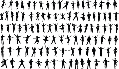 Silhouette collection of dancing and celebrating people, male and female human figures, black vector outlines, joyful poses, party celebration illustration