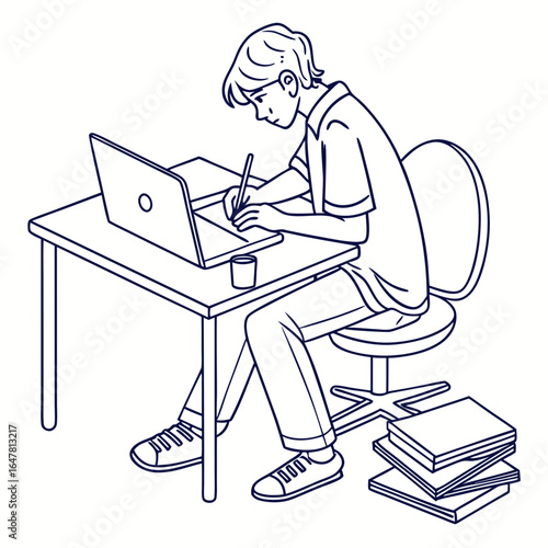 Young man working on laptop isolated on white background