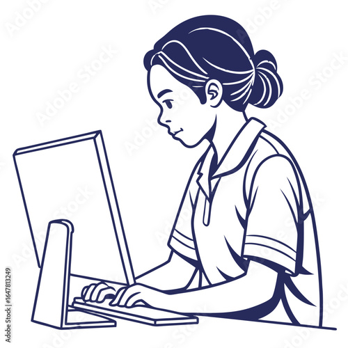 Young student is using computer for online learning isolated on white background