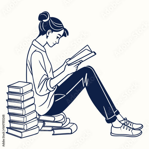 Young woman sitting on stack of books and reading isolated on white background