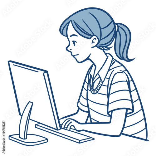 Young woman working on computer isolated on white background