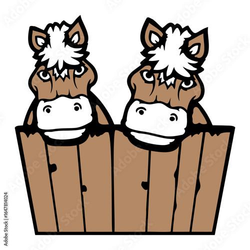 2 horses hidden behind fence wooden wall stable