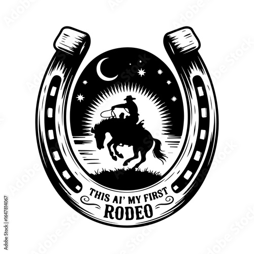 Cowboy riding horse inside horseshoe with moon and stars