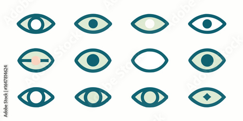 Collection of various eye icons isolated on white background, representing different styles, shapes, and expressions, perfect for use in graphic design, web design, and other creative projects