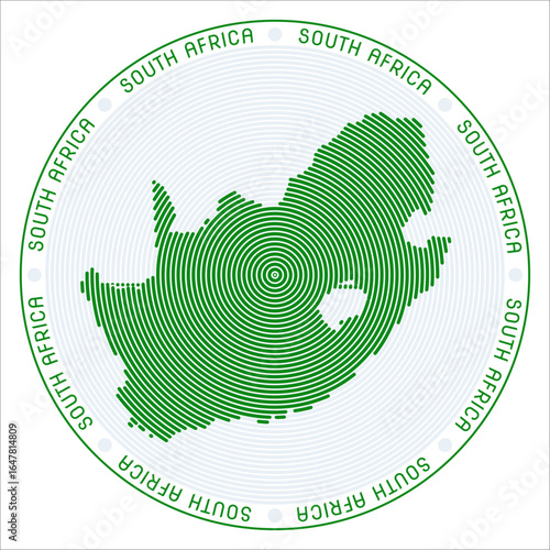 South Africa round logo design. Country shape build of rings. South Africa text around the country. Vector Illustration.