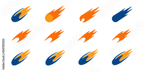 Collection of twelve colorful comet icons, showcasing various styles and designs, perfect for space exploration, astronomy, and sciencerelated projects and designs isolated on white background