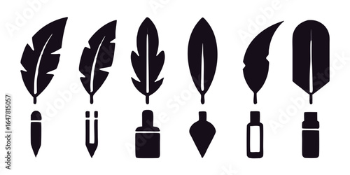 Collection of black and white feather quill pen and ink bottle icons isolated on white background, representing writing, calligraphy, literature, and historical artifacts