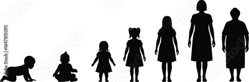Human growth stages, baby to elderly, silhouette vector illustration, life cycle progression, posture evolution chart, age development icons, generational timeline, standing figures