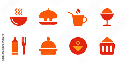 Collection of culinary icons isolated on white background a set of minimalist food and drink symbols representing various dishes, utensils, and ingredients for restaurant menus and cooking guides