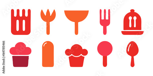 This image displays a collection of stylized icons in shades of red and orange. The top row features kitchen utensils like forks and a sieve, while the bottom row presents dessert-themed items such as