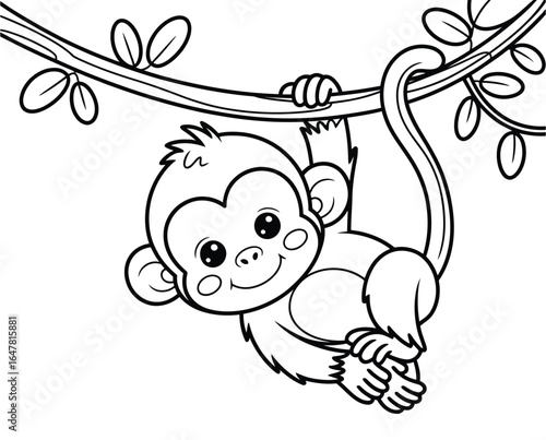 Cartoon monkey hanging from tree branch with leaves, smiling playfully in black and white line art style for coloring and illustration use