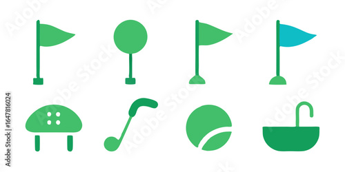 Collection of eight golf icons isolated on white background, perfect for representing the sport, recreation, and leisure activities associated with golf in your designs