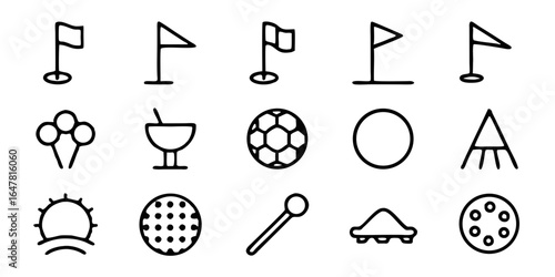 Collection of golf related icons isolated on white background featuring flags, ice cream, ball, sun, sand, hole, course, club, cup, field, green, summer, outdoor, and more