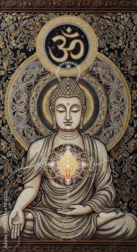 Fototapeta premium Serene Buddha Meditating with Om Symbol and Intricate Mandala