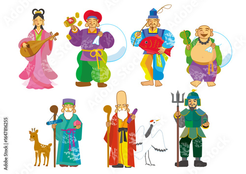 Seven Lucky Gods Illustration - Japanese Traditional Deities of Good Fortune