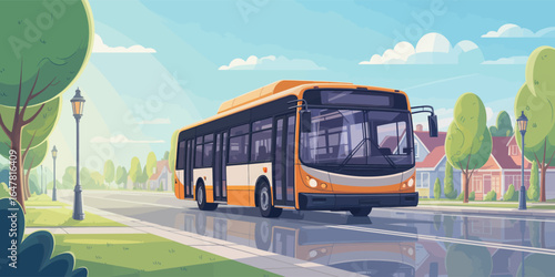 Modern orange and white bus driving through suburban neighborhood with houses, trees, and wet road under sunny sky after rainfall