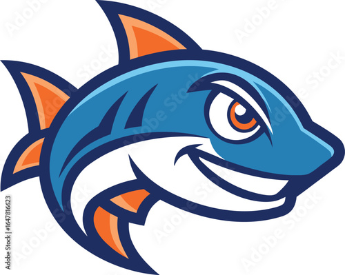 Aggressive blue shark mascot with orange accents