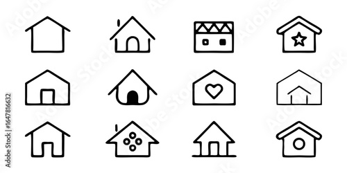 This image displays a grid of twelve simple, black-and-white house icons. Each house is outlined with clean lines and varies slightly in design, featuring different roof styles, doorways, and embellis
