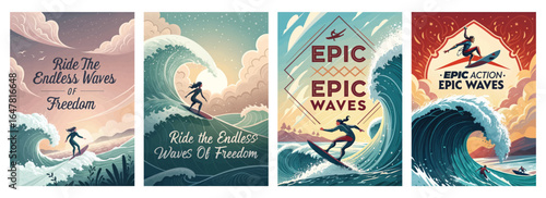 Diverse surfers riding vibrant waves, embodying freedom and adventure in stunning ocean scenes.