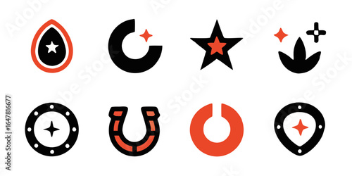 This image displays a collection of eight black and orange icons arranged in two rows of four. The icons include a teardrop with a star, a crescent moon with a star, a star, a stylized plant with spar