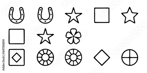 Collection of geometric shapes isolated on white background featuring horseshoe, star, square, diamond, and circle outlines, perfect for adding a touch of modernity to your creative projects
