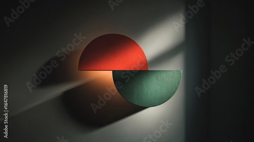 Two semi-circles, red on top of green, shadows cast on wall