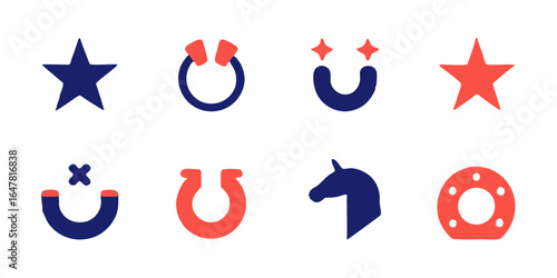 Collection of lucky charms icons isolated on white background a set of graphic elements featuring stars, horseshoes, and a unicorn, perfect for adding a touch of fortune to your designs