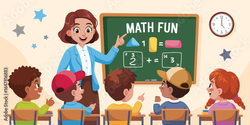 Math classroom illustration with teacher explaining shapes and fractions on chalkboard labeled “Math Fun” to seated children in learning environment